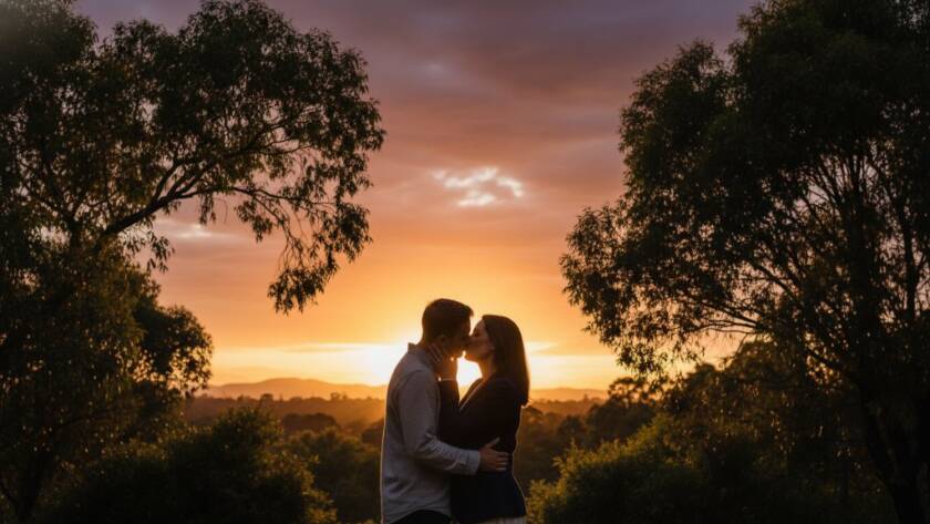 An emotionally resonant and visually stunning professional photograph capturing an epic moment during a romantic Heathmont engagement photoshoot Victoria, with a couple silhouetted against a dramatic sunset over Heathmont Park, showcasing their embrace with warm, cinematic lighting and professional colour grading.