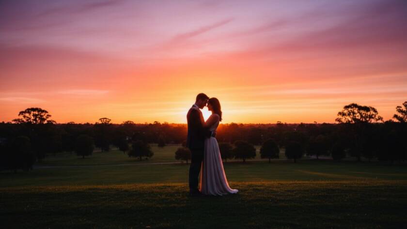 A stunning wide-angle, epic moment photograph of a couple embracing passionately at sunset in Heathmont, Victoria, during their romantic Heathmont pre-wedding photoshoot Victoria, with warm, golden light silhouetting them against a dramatic, colorful sky.