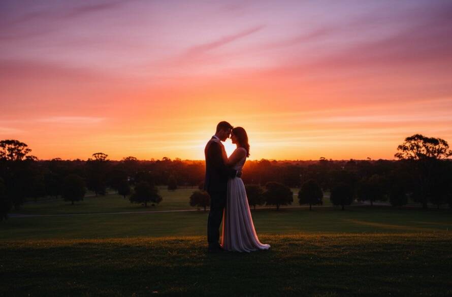 A stunning wide-angle, epic moment photograph of a couple embracing passionately at sunset in Heathmont, Victoria, during their romantic Heathmont pre-wedding photoshoot Victoria, with warm, golden light silhouetting them against a dramatic, colorful sky.