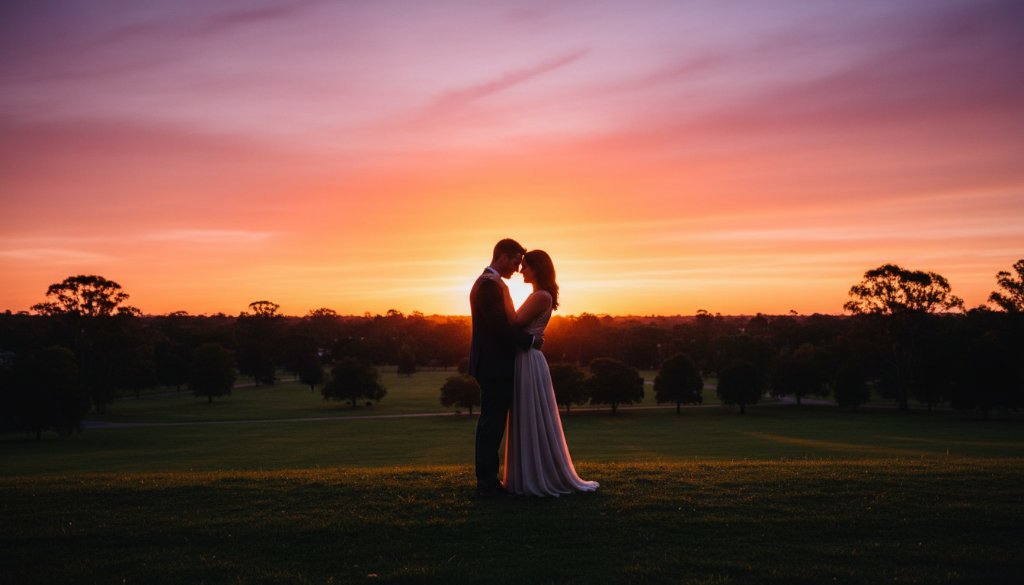 A stunning wide-angle, epic moment photograph of a couple embracing passionately at sunset in Heathmont, Victoria, during their romantic Heathmont pre-wedding photoshoot Victoria, with warm, golden light silhouetting them against a dramatic, colorful sky.