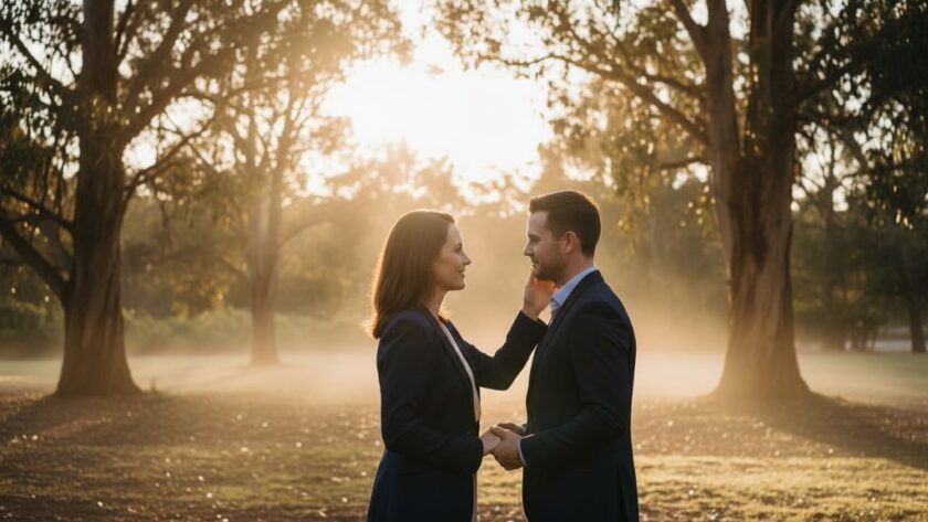 An intimate and romantic Hepburn Springs engagement photography scene, featuring a couple embracing softly amidst the misty morning light near a mineral spring, with lush Victorian foliage and dramatic natural light creating a dreamy, cinematic feel.