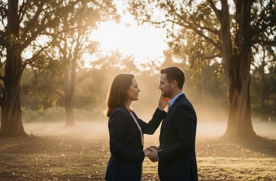 An intimate and romantic Hepburn Springs engagement photography scene, featuring a couple embracing softly amidst the misty morning light near a mineral spring, with lush Victorian foliage and dramatic natural light creating a dreamy, cinematic feel.