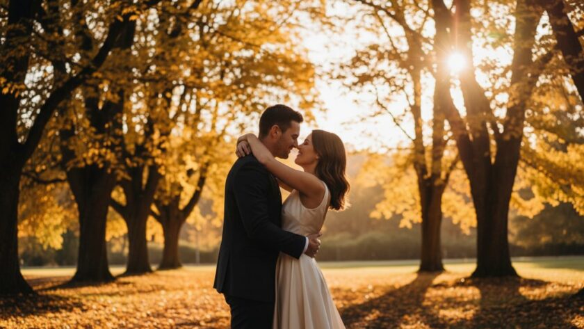 A couple embracing passionately at sunset amidst the golden autumn leaves of Hepburn Springs, showcasing romantic Hepburn Springs pre-wedding photography with dramatic backlighting and a fairytale atmosphere.