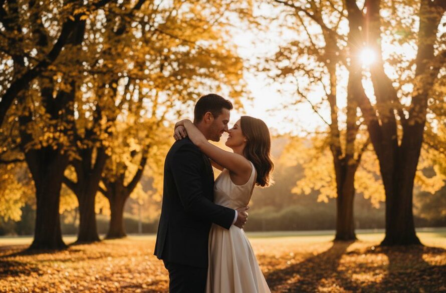 A couple embracing passionately at sunset amidst the golden autumn leaves of Hepburn Springs, showcasing romantic Hepburn Springs pre-wedding photography with dramatic backlighting and a fairytale atmosphere.
