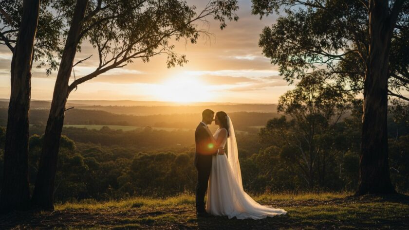 An epic moment of a newlywed couple sharing a tender embrace at sunset amidst the lush botanical gardens of Hepburn Springs, perfectly captured with romantic Hepburn Springs wedding photography capturing natural moments and dramatic golden hour light.