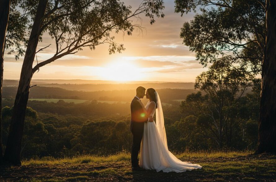 An epic moment of a newlywed couple sharing a tender embrace at sunset amidst the lush botanical gardens of Hepburn Springs, perfectly captured with romantic Hepburn Springs wedding photography capturing natural moments and dramatic golden hour light.