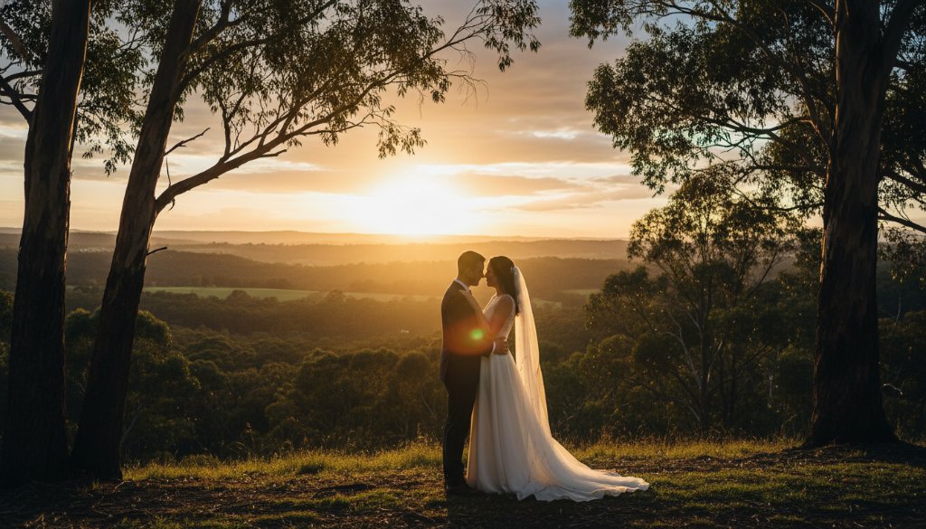 An epic moment of a newlywed couple sharing a tender embrace at sunset amidst the lush botanical gardens of Hepburn Springs, perfectly captured with romantic Hepburn Springs wedding photography capturing natural moments and dramatic golden hour light.