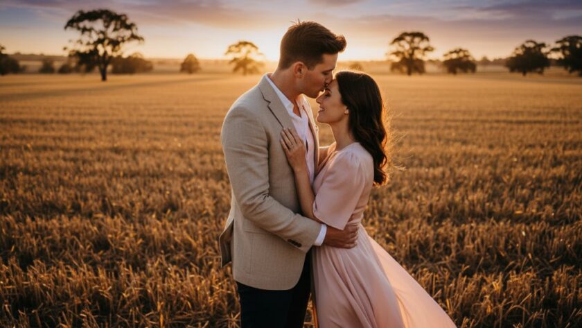A couple embracing intimately during a romantic Herne Hill pre-wedding photoshoot Geelong, with soft golden hour light filtering through eucalyptus trees, a gentle breeze, and the couple silhouetted against a stunning Herne Hill landscape, captured in a professional, epic moment style.