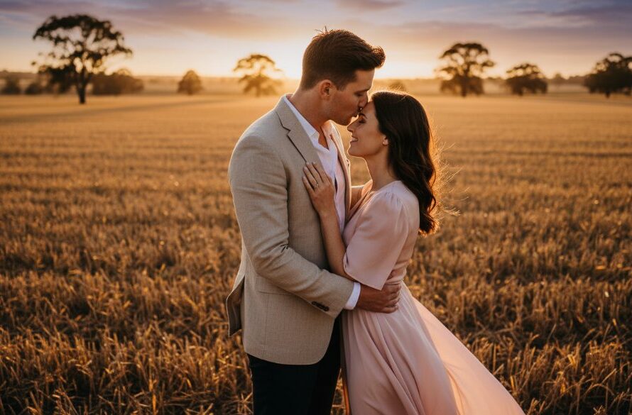 A couple embracing intimately during a romantic Herne Hill pre-wedding photoshoot Geelong, with soft golden hour light filtering through eucalyptus trees, a gentle breeze, and the couple silhouetted against a stunning Herne Hill landscape, captured in a professional, epic moment style.