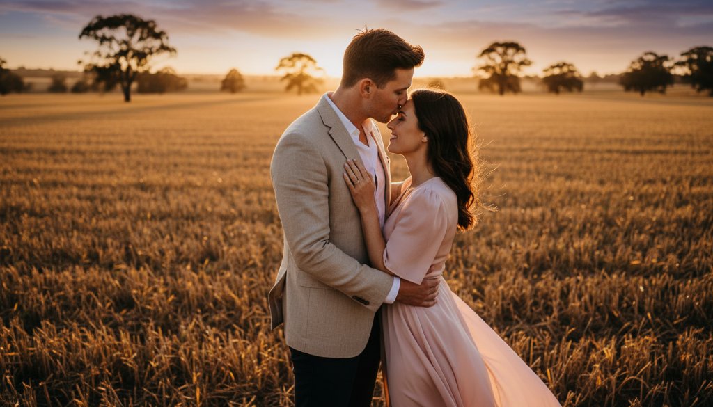 A couple embracing intimately during a romantic Herne Hill pre-wedding photoshoot Geelong, with soft golden hour light filtering through eucalyptus trees, a gentle breeze, and the couple silhouetted against a stunning Herne Hill landscape, captured in a professional, epic moment style.