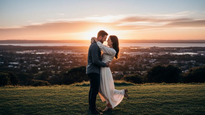 A couple embraces at sunset, silhouetted against the sweeping panorama of Geelong city and Corio Bay from Highton, showcasing romantic Highton engagement photography with Geelong views.