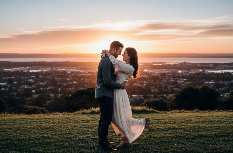 A couple embraces at sunset, silhouetted against the sweeping panorama of Geelong city and Corio Bay from Highton, showcasing romantic Highton engagement photography with Geelong views.