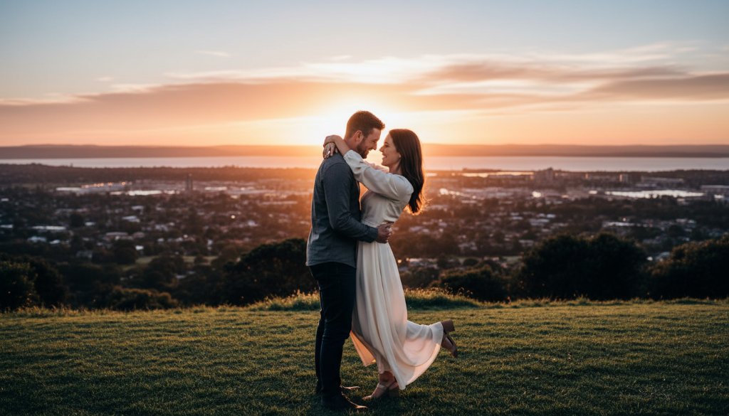 A couple embraces at sunset, silhouetted against the sweeping panorama of Geelong city and Corio Bay from Highton, showcasing romantic Highton engagement photography with Geelong views.