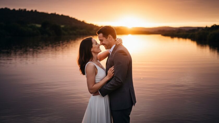 A couple shares a tender, joyful embrace at sunset on the shoreline, with the sparkling waters of the Barwon River and Highton's unique landscape in the background, captured as a professional and cinematic 'Romantic Highton Waterfront Pre-Wedding Photography Victoria' image, showcasing their love story.