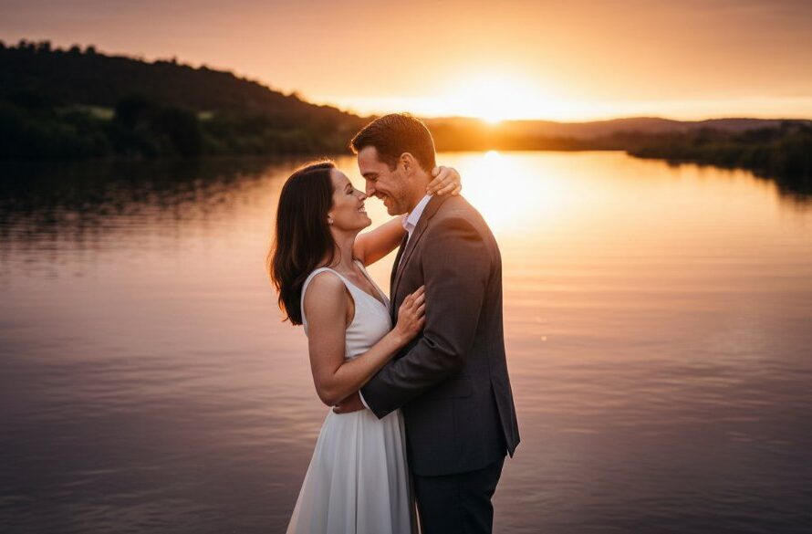 A couple shares a tender, joyful embrace at sunset on the shoreline, with the sparkling waters of the Barwon River and Highton's unique landscape in the background, captured as a professional and cinematic 'Romantic Highton Waterfront Pre-Wedding Photography Victoria' image, showcasing their love story.