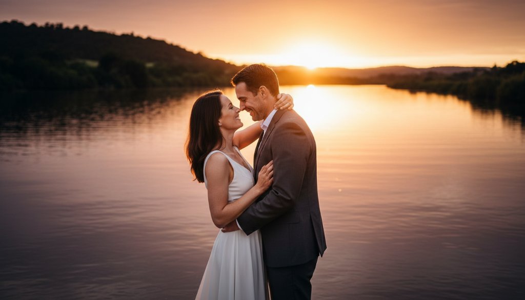 A couple shares a tender, joyful embrace at sunset on the shoreline, with the sparkling waters of the Barwon River and Highton's unique landscape in the background, captured as a professional and cinematic 'Romantic Highton Waterfront Pre-Wedding Photography Victoria' image, showcasing their love story.