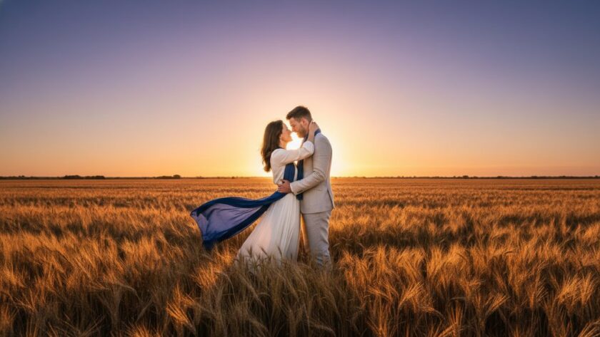 A couple embracing passionately at sunset in the Wimmera region, showcasing romantic Horsham engagement photography Wimmera sunset, with golden light silhouetting them against a dramatic sky.