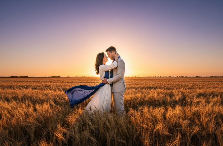 A couple embracing passionately at sunset in the Wimmera region, showcasing romantic Horsham engagement photography Wimmera sunset, with golden light silhouetting them against a dramatic sky.