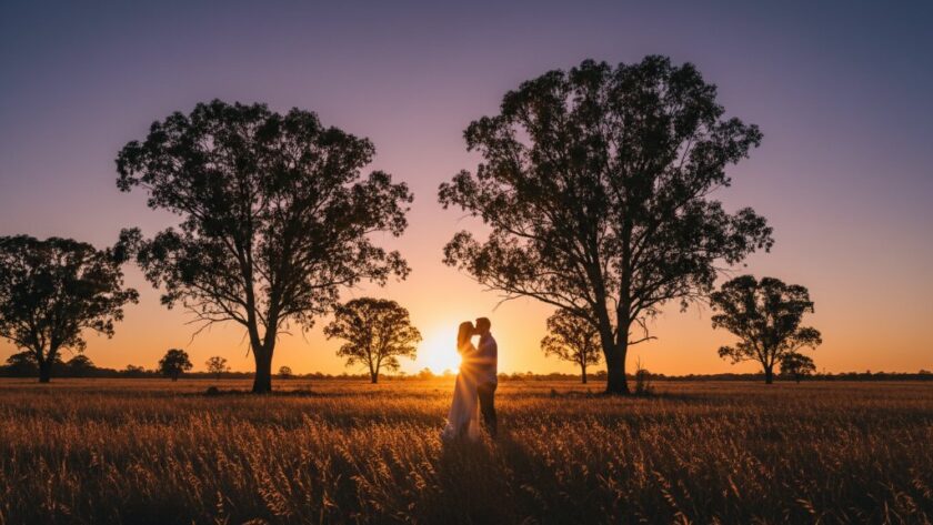 A romantic Huntly engagement photoshoot Victoria featuring a couple embracing dramatically at sunset, with golden light filtering through iconic gum trees, showcasing their joyful connection in a wide, cinematic landscape shot.