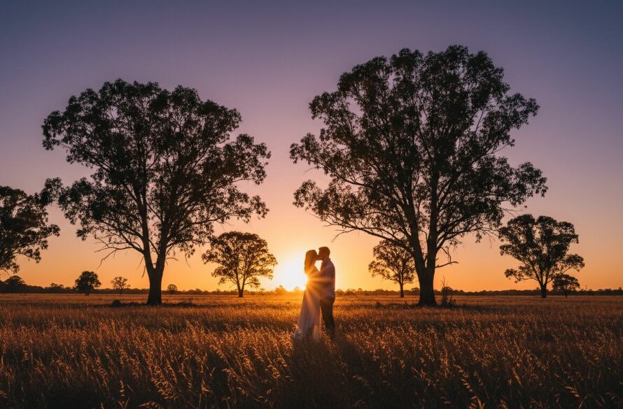 A romantic Huntly engagement photoshoot Victoria featuring a couple embracing dramatically at sunset, with golden light filtering through iconic gum trees, showcasing their joyful connection in a wide, cinematic landscape shot.