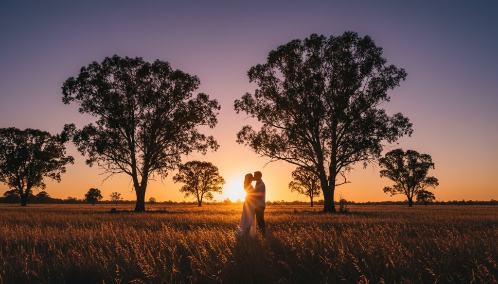 A romantic Huntly engagement photoshoot Victoria featuring a couple embracing dramatically at sunset, with golden light filtering through iconic gum trees, showcasing their joyful connection in a wide, cinematic landscape shot.