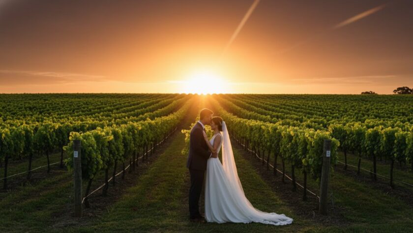 A breathtaking wide-angle shot capturing romantic Irymple winery wedding photography, featuring a couple embracing passionately at sunset amidst rows of vibrant green grapevines, dramatic golden hour light, and a picturesque vineyard landscape.