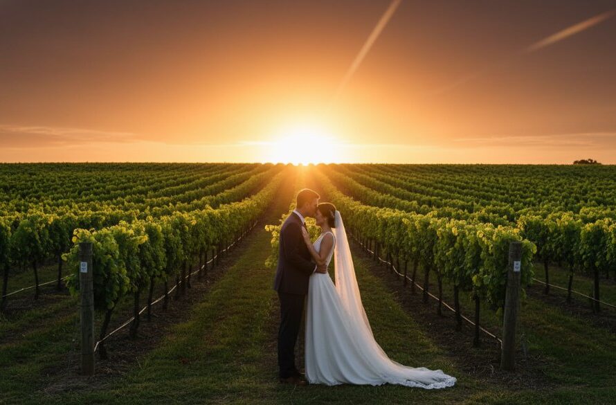 A breathtaking wide-angle shot capturing romantic Irymple winery wedding photography, featuring a couple embracing passionately at sunset amidst rows of vibrant green grapevines, dramatic golden hour light, and a picturesque vineyard landscape.