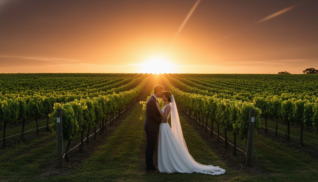 A breathtaking wide-angle shot capturing romantic Irymple winery wedding photography, featuring a couple embracing passionately at sunset amidst rows of vibrant green grapevines, dramatic golden hour light, and a picturesque vineyard landscape.