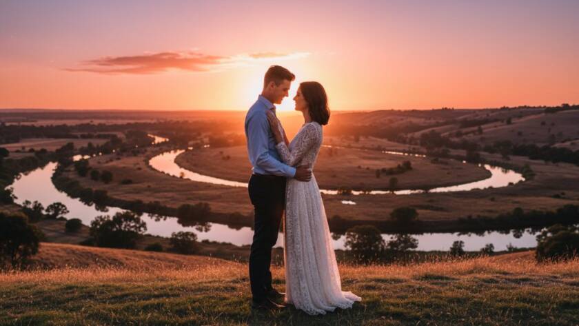 A couple embracing passionately at sunset in an open field near the Maribyrnong River, capturing romantic Keilor pre-wedding photoshoot locations, with golden hour light silhouetting them against a dramatic sky, a professional and cinematic pre-wedding photograph.