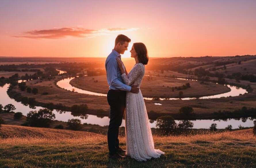 A couple embracing passionately at sunset in an open field near the Maribyrnong River, capturing romantic Keilor pre-wedding photoshoot locations, with golden hour light silhouetting them against a dramatic sky, a professional and cinematic pre-wedding photograph.