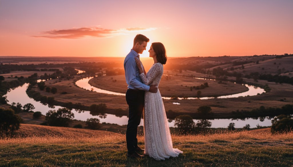 A couple embracing passionately at sunset in an open field near the Maribyrnong River, capturing romantic Keilor pre-wedding photoshoot locations, with golden hour light silhouetting them against a dramatic sky, a professional and cinematic pre-wedding photograph.