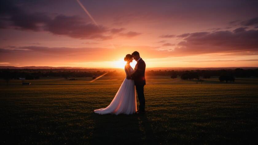 Romantic Keilor Wedding Photography Capturing Genuine Love: A newlywed couple shares a dramatic, intimate embrace under the setting sun in a picturesque Keilor park, their silhouettes framed by golden light, capturing an epic, heartfelt moment.