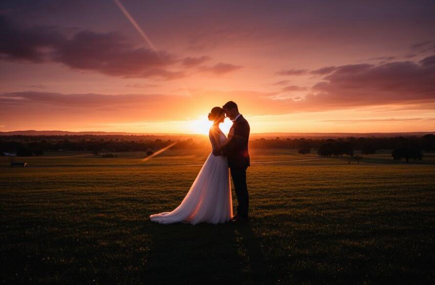 Romantic Keilor Wedding Photography Capturing Genuine Love: A newlywed couple shares a dramatic, intimate embrace under the setting sun in a picturesque Keilor park, their silhouettes framed by golden light, capturing an epic, heartfelt moment.