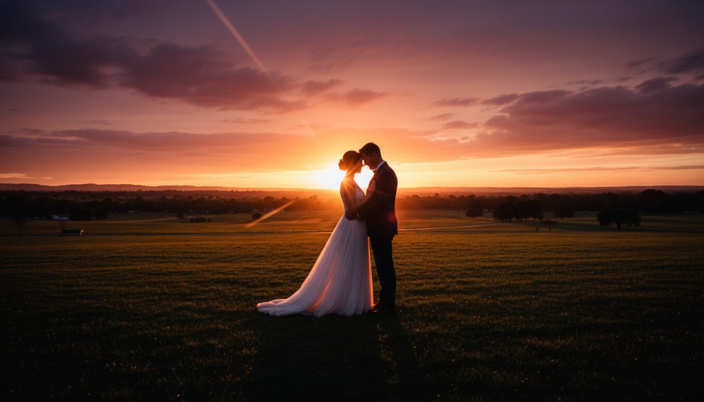 Romantic Keilor Wedding Photography Capturing Genuine Love: A newlywed couple shares a dramatic, intimate embrace under the setting sun in a picturesque Keilor park, their silhouettes framed by golden light, capturing an epic, heartfelt moment.