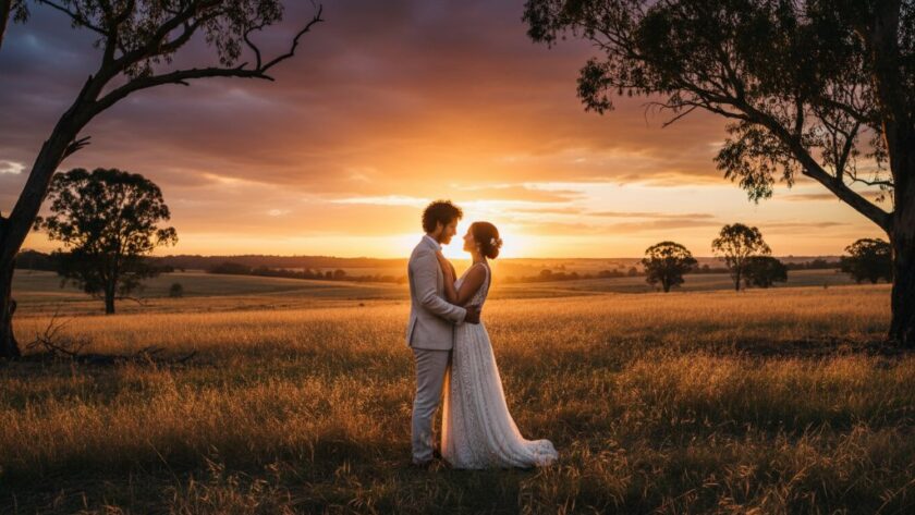 An epic moment captured during romantic Kilmore pre-wedding photography Victoria, featuring a couple embracing passionately at sunset with the rolling hills of Kilmore in the background, dramatic golden hour lighting, and professional colour grading.