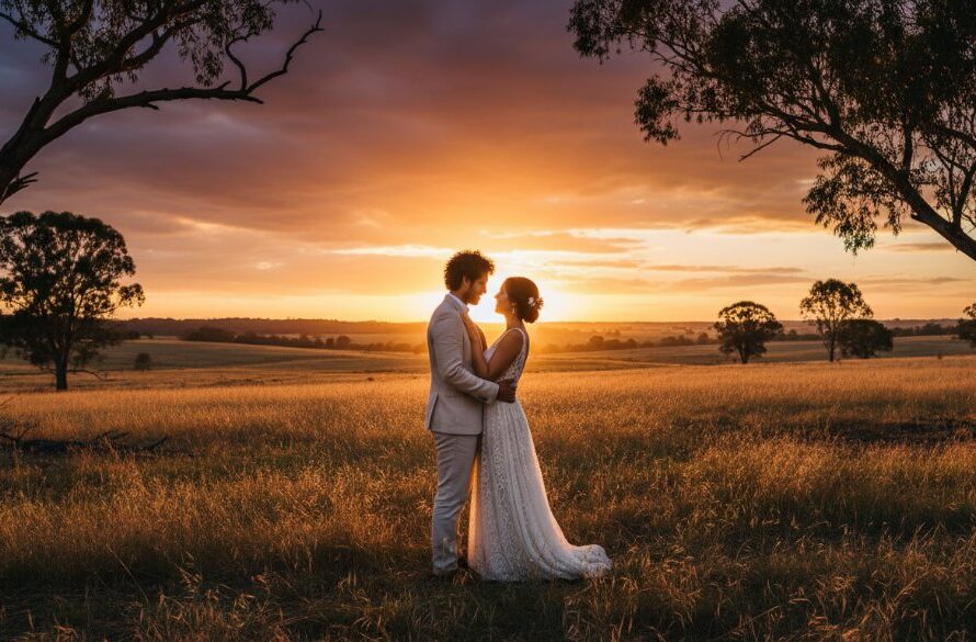 An epic moment captured during romantic Kilmore pre-wedding photography Victoria, featuring a couple embracing passionately at sunset with the rolling hills of Kilmore in the background, dramatic golden hour lighting, and professional colour grading.