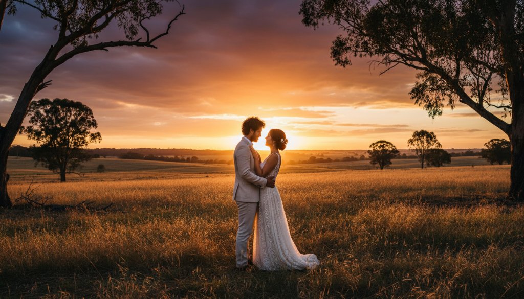 An epic moment captured during romantic Kilmore pre-wedding photography Victoria, featuring a couple embracing passionately at sunset with the rolling hills of Kilmore in the background, dramatic golden hour lighting, and professional colour grading.