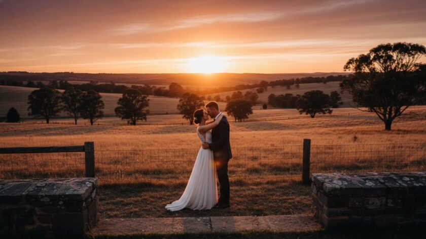 A newly married couple sharing a passionate kiss at sunset, silhouetted against the dramatic, golden-lit rolling hills of Kilmore, Victoria, with historic bluestone in the foreground, embodying romantic Kilmore wedding photography capturing candid moments.