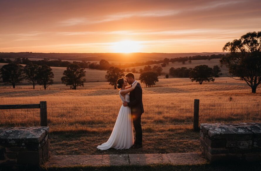 A newly married couple sharing a passionate kiss at sunset, silhouetted against the dramatic, golden-lit rolling hills of Kilmore, Victoria, with historic bluestone in the foreground, embodying romantic Kilmore wedding photography capturing candid moments.