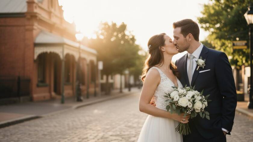 A newlywed couple shares a romantic kiss at sunset in Kingsville, with historic brick architecture softly blurred in the background, captured through cinematic romantic Kingsville wedding photography.