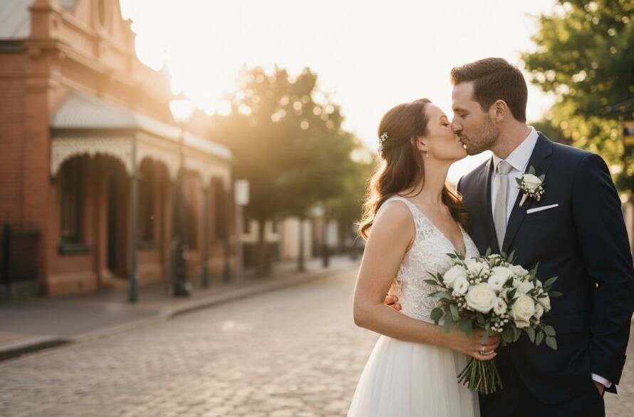 A newlywed couple shares a romantic kiss at sunset in Kingsville, with historic brick architecture softly blurred in the background, captured through cinematic romantic Kingsville wedding photography.