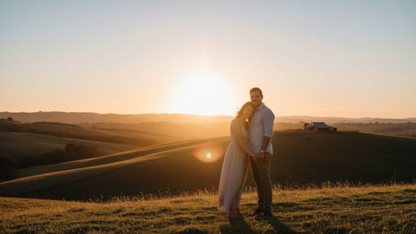 An engaged couple sharing a tender moment at sunset amidst golden rolling hills, with a historic Korumburra farmstead visible in the distance, embodying romantic Korumburra farm engagement photos with dramatic lighting and professional colour grading.