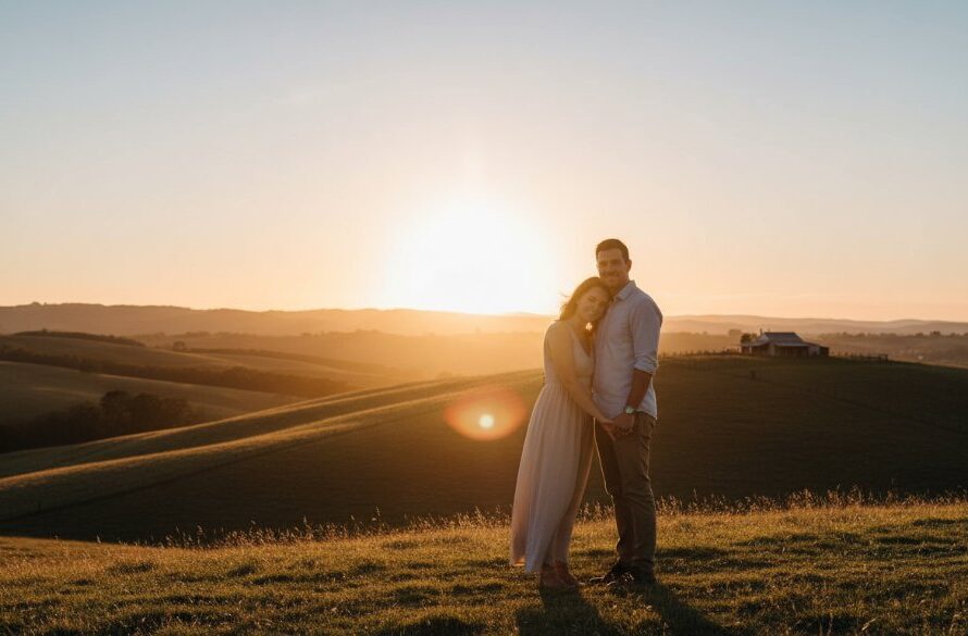An engaged couple sharing a tender moment at sunset amidst golden rolling hills, with a historic Korumburra farmstead visible in the distance, embodying romantic Korumburra farm engagement photos with dramatic lighting and professional colour grading.