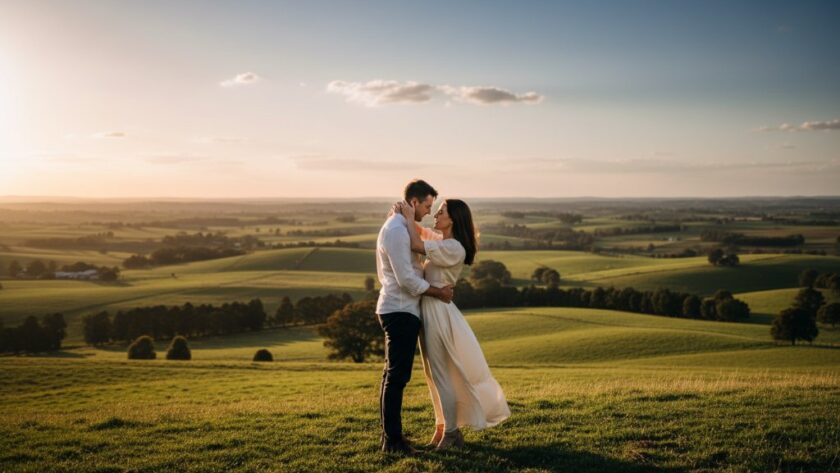 An epic, cinematic moment of a couple embracing amidst the rolling green hills and golden sunset glow, showcasing romantic Korumburra pre-wedding photography farm views with dramatic, professional lighting.