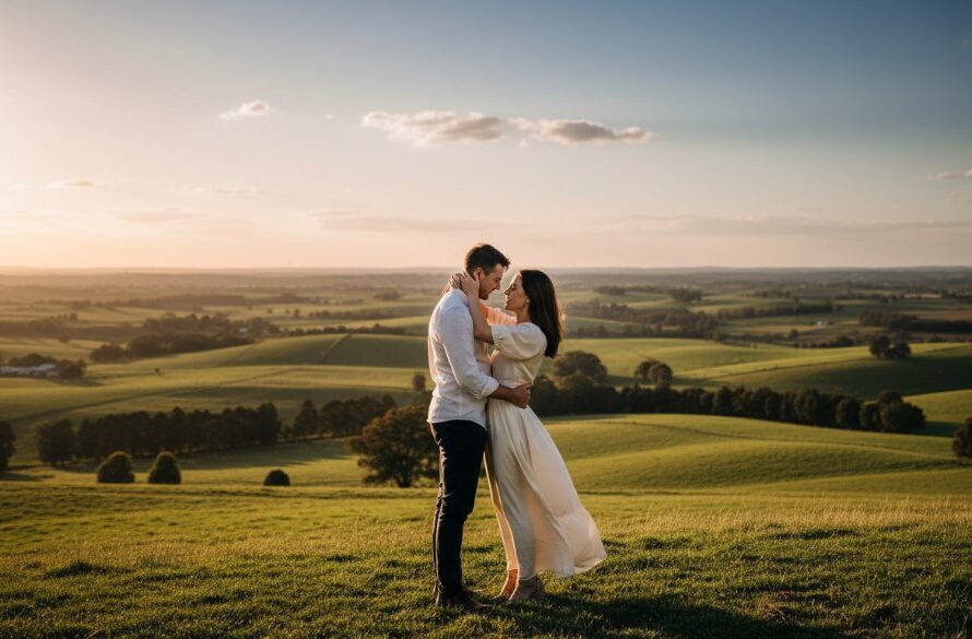 An epic, cinematic moment of a couple embracing amidst the rolling green hills and golden sunset glow, showcasing romantic Korumburra pre-wedding photography farm views with dramatic, professional lighting.