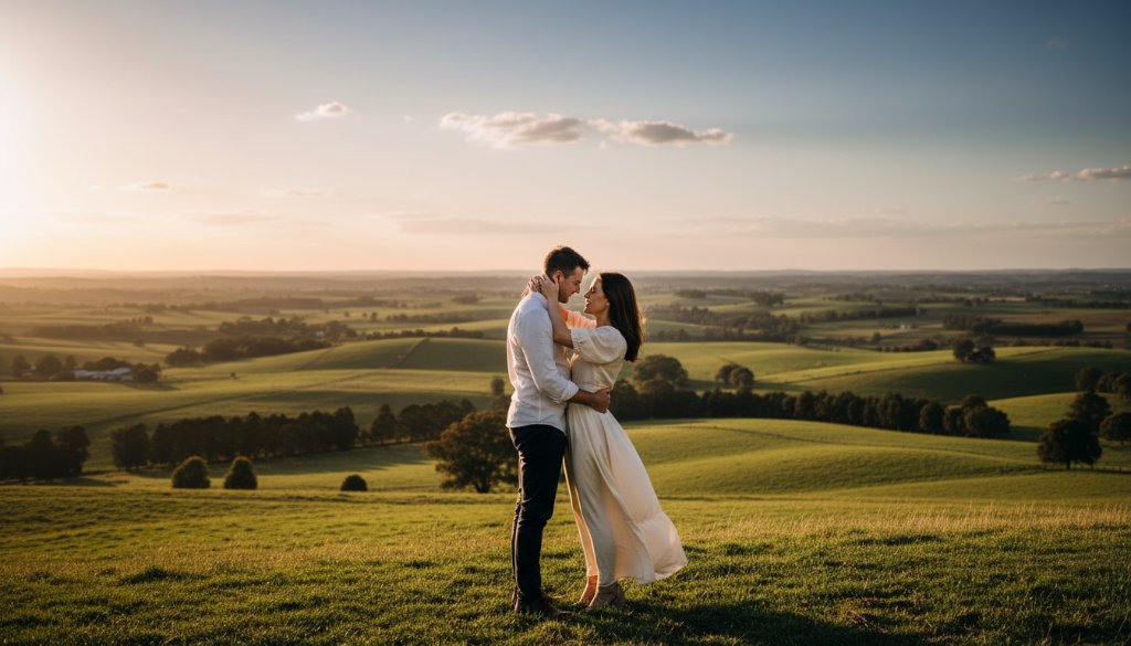 An epic, cinematic moment of a couple embracing amidst the rolling green hills and golden sunset glow, showcasing romantic Korumburra pre-wedding photography farm views with dramatic, professional lighting.