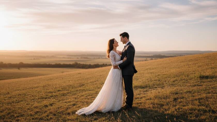 A couple embraces romantically amidst the golden hour glow of a rustic Kurunjang landscape during their romantic Kurunjang pre-wedding photoshoot Victoria, capturing an epic moment of their love story.