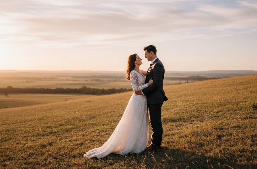 A couple embraces romantically amidst the golden hour glow of a rustic Kurunjang landscape during their romantic Kurunjang pre-wedding photoshoot Victoria, capturing an epic moment of their love story.