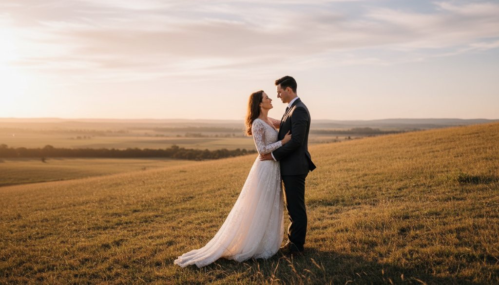 A couple embraces romantically amidst the golden hour glow of a rustic Kurunjang landscape during their romantic Kurunjang pre-wedding photoshoot Victoria, capturing an epic moment of their love story.