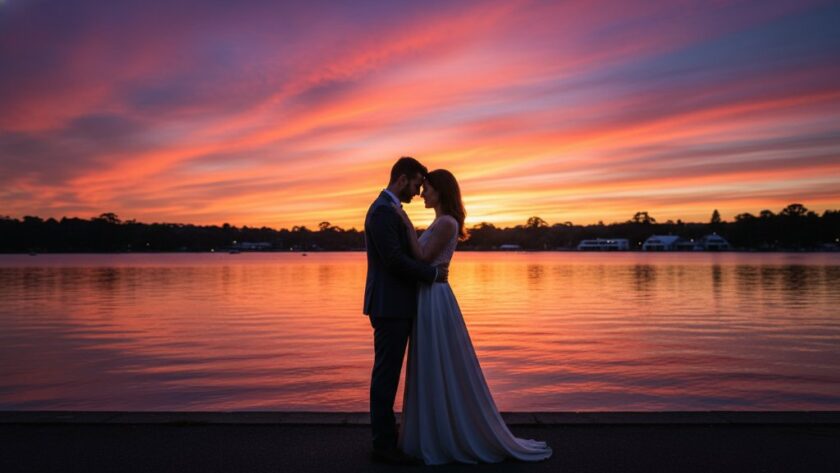 A professional, colour-graded photograph capturing an epic, romantic moment of a couple embracing passionately at sunset on the scenic shores of Lake Wendouree, Victoria, during their engagement shoot. The dramatic golden hour light casts long shadows and highlights their joyous expressions, perfectly encapsulating their romantic Lake Wendouree engagement photos Victoria.